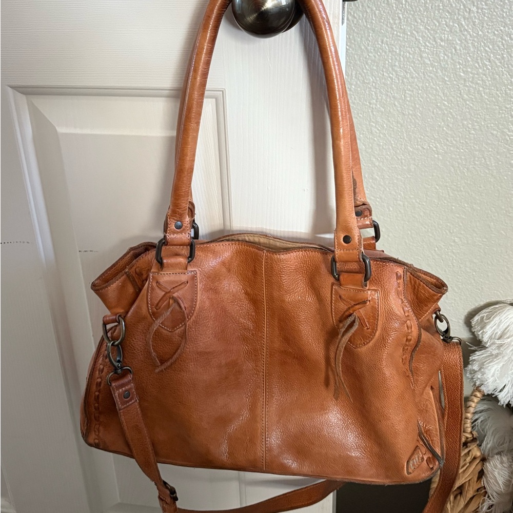 Bed Stu Like New Tan Leather Shoulder Bag with Distressed Finish